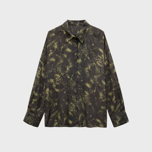 TISUO 's “Ink and Zen” silk lounge shirt in grey and green . TS502715